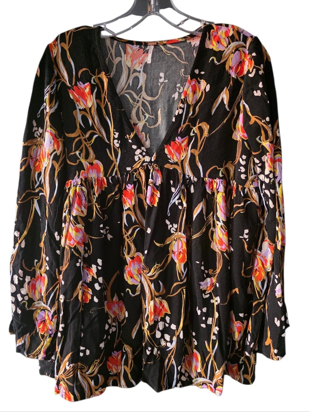 Free People Bella Floral Print Tunic In Black With Red & Orange Size Small